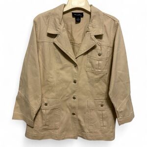 VTG 90s Denim & Co. Jacket Womens 1X Beige Khaki Chore Barn Coat Utility Cargo